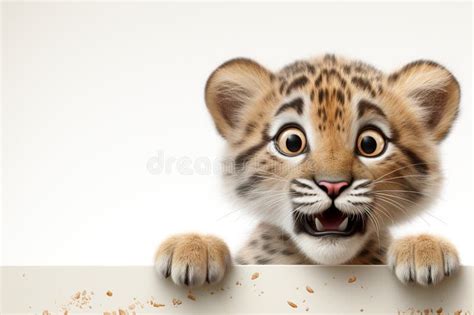 Cute Little Tiger Cub Peeking Out From Behind A White Banner Stock