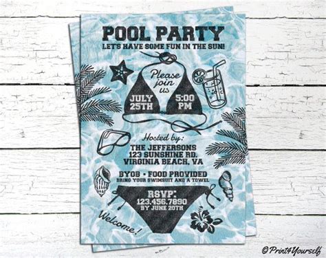 Bikini Invite Personalized Printable Blue Water Bikini Pool Party Hot Sex Picture