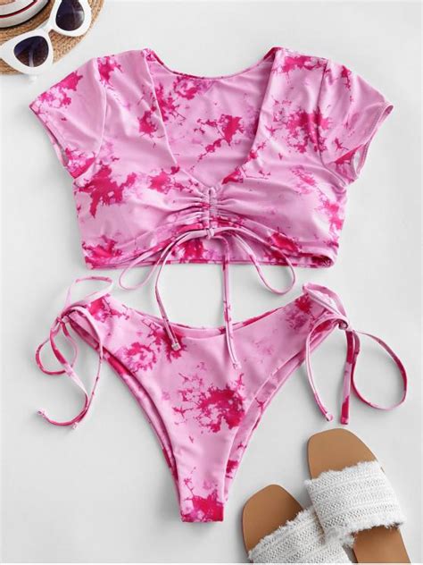 [61 Off] [hot] 2020 Zaful Cinched Tie Dye Two Piece Swimsuit In Hot