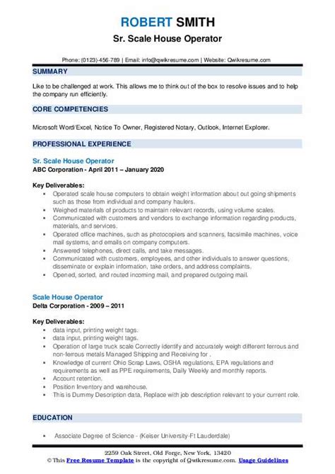 Scale House Operator Resume Samples Qwikresume