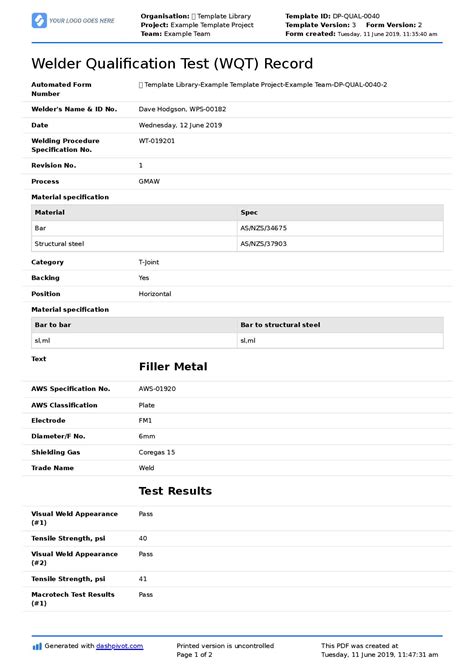 Welder Qualification Record Template