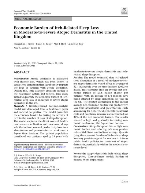 Pdf Economic Burden Of Itch Related Sleep Loss In Moderate To Severe Atopic Dermatitis In The