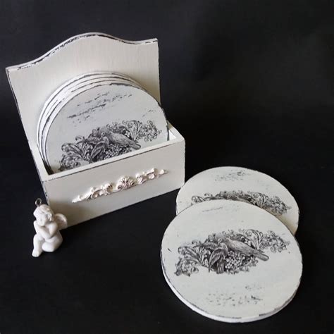 Wooden Decoupage Set Of Coasters Wood Coasters Set With Holder Shabby