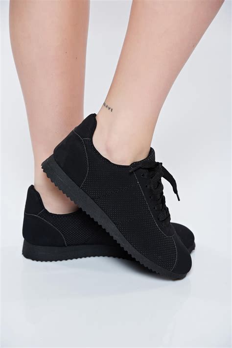 Black Sneakers Light Sole With Lace Women`s Shoes Manufactured Fabric