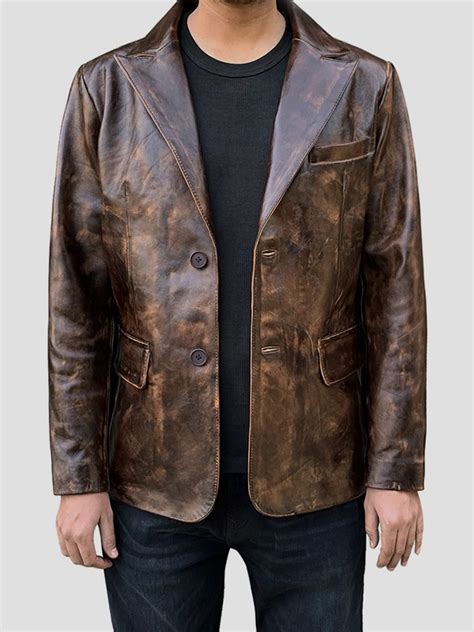 Distress Brown Leather Blazer For Men Online Store