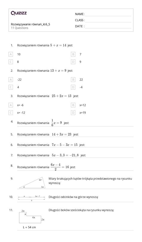 Ponad Rozwi Zywanie R Wna Arkuszy Roboczych Dla Klasa W Quizizz