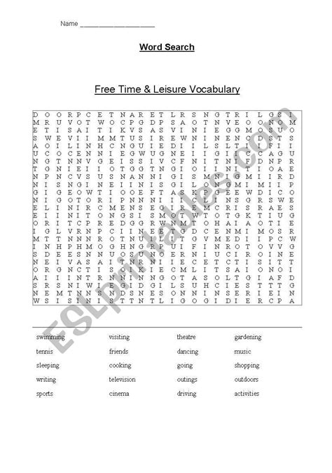 English Worksheets Free Time And Leisure Word Search