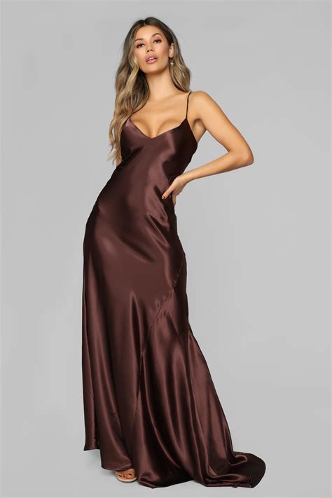 Figure Hugging Satin Maxi Dress Brown Maxi Dress Brown Satin Dress