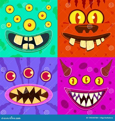 Monster Faces Cute Horned Crazy Goblin And Slimy Gremlin Scary Aliens