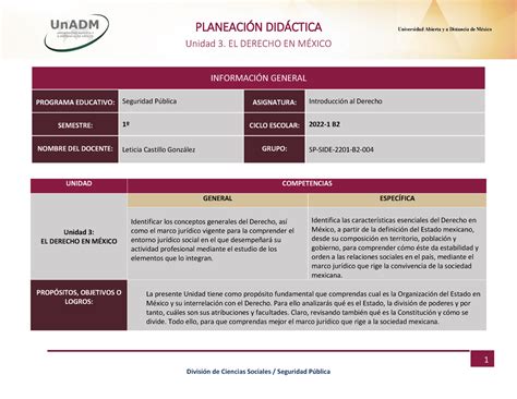 U3 Planeacion didactica 2022 1 B2 Introducción al Derecho SP CIDE 2201