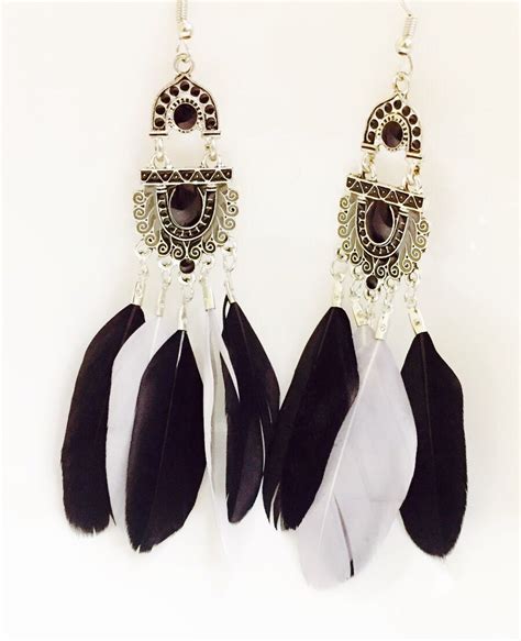 Bohemian Style Feather Earrings Black White Pink And You