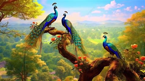 Vibrant Peacocks Perched On Tree Branches Against A Lush Landscape A 3d