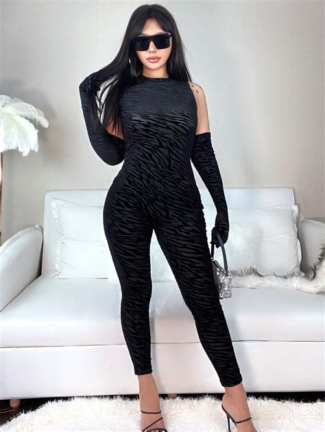 Zebra Striped Unitard Jumpsuit With Arm Sleeves Shein Usa