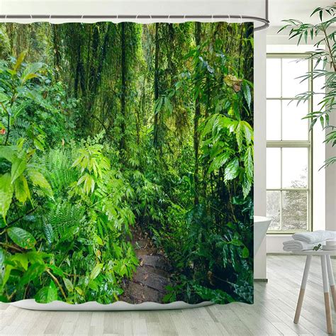 Spring Forest Shower Curtains Wooden Bridge Tropical Rainforest