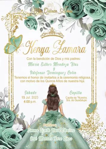 Invitaciones Color Verde Agua Menta Florales Xv Años 50 Pzs En Venta En