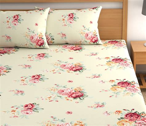 Buy Floral Cream 210 TC Double Bedsheet With 2 Pillow Covers At 68 OFF