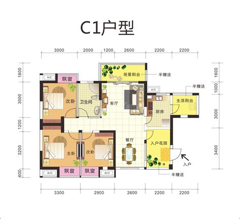 润弘丽都c1户型户型图3室2厅1卫9634平米 成都透明房产网