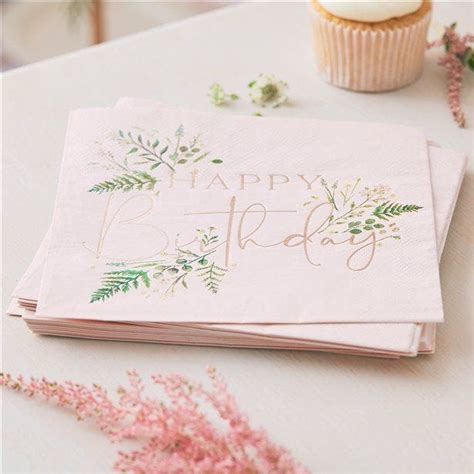 Rose Gold Floral Happy Birthday Paper Napkins 33cm 16pk Party