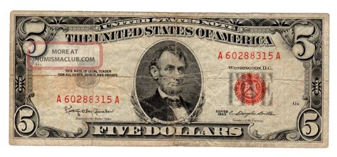 Series 1963 United States 5 Dollar United States Note Red Seal Oldpaper Money