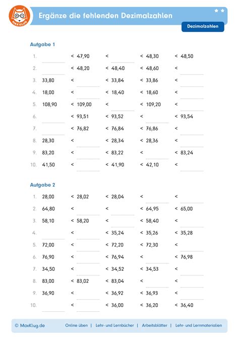 Arbeitsblatt 2 Ergänze fehlenden Dezimalzahlen