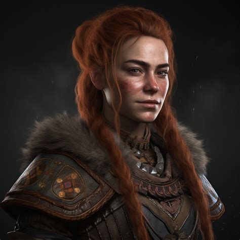 A Woman With Long Red Hair Wearing Armor And A Fur Collar Standing In Front Of A Dark Background