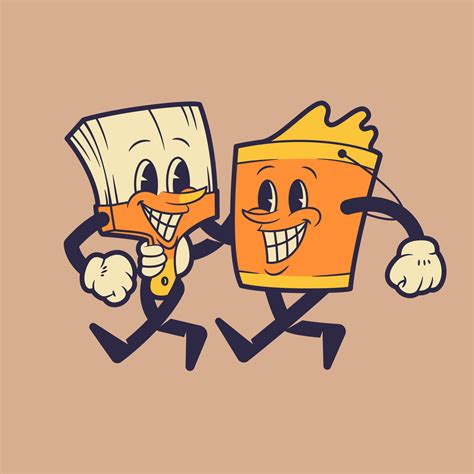 Paint bucket and paint brush mascot walking together. Retro vintage ...