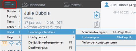 Patiëntendossier Contactvenster Weergave van het contactvenster