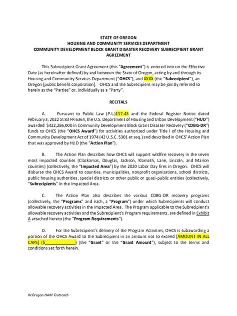 Fillable Online Disaster Recovery Subrecipient Agreement Template Fax