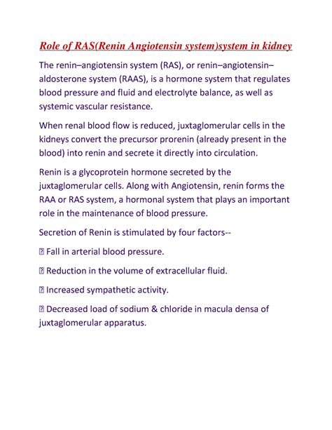 Role Of RAS In Kidney RENIN ANGIOTENSIN SYSTEM Role Of RAS Renin