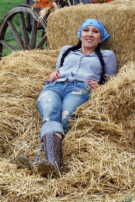 Woman Farmer Resting In Hay Stock Photo Image Of Rural Country 21849684