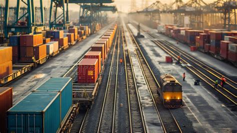 Rail Yard With Trains Carrying Freight Containers And Workers Loading