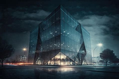 Edificio De Cristal Por La Noche Con Luces Centelleantes De La Ciudad