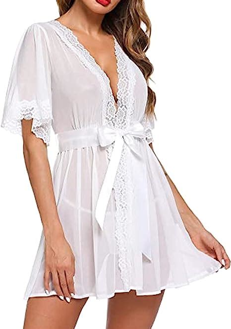 Women S Chemises Negligees Women Deep V Neck Solid Color Lace Lingerie Sheer Short Sleeves Night