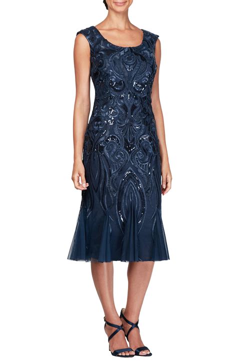 Alex Evenings Tulle Sequin Embroidered Cocktail Dress In Navy Blue Lyst