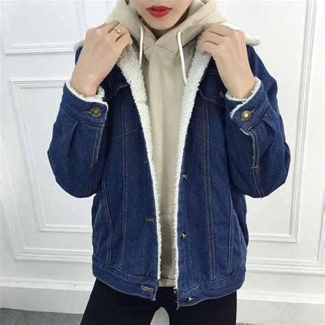 Women Autumn Winter Thick Lambs Wool Denim Jacket Korean Black