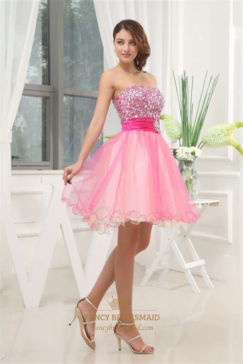 Short Layered Prom Dresses Hot Pink Strapless Homecoming Dresses