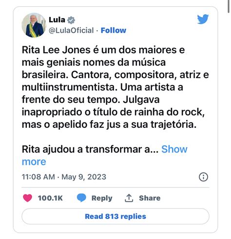 Lula lamenta morte de Rita Lee Agora falta você MS Notícias