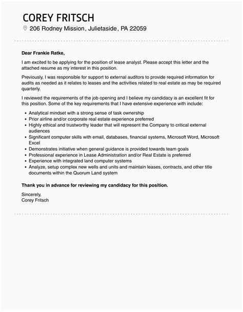 Lease Analyst Cover Letter Velvet Jobs