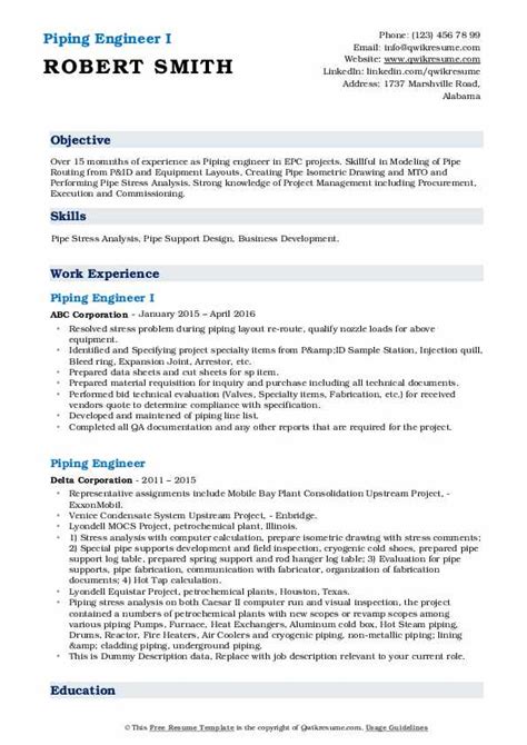 Piping Engineer Resume Samples Qwikresume