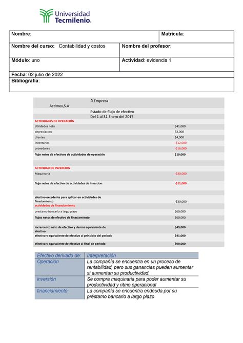 Contabilidad evidencia 1 Nombre Matrícula Nombre del curso