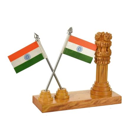 Brown Carved Wooden Ashoka Pillar With Flags For Gift Size