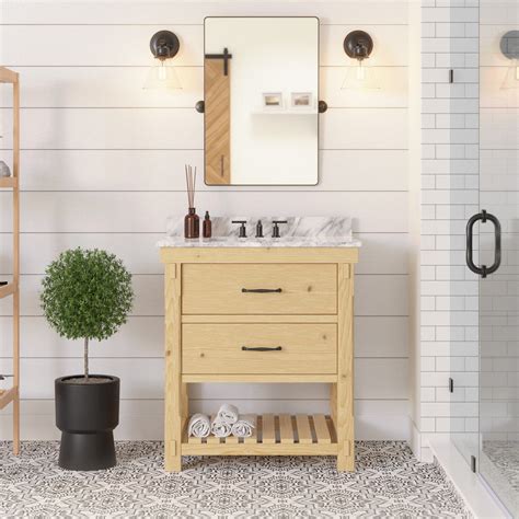 Birmingham 30 Rustic Natural Wood Bathroom Vanity With Carrara Marble