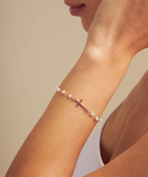 Dainty Cross Charm Rosary White Pearl Beaded Bracelet For An Elegant