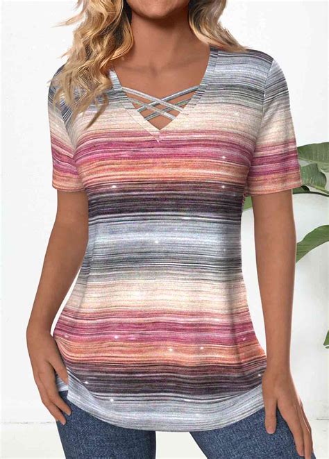 Rotita Criss Cross Striped Multi Color V Neck T Shirt Rotita