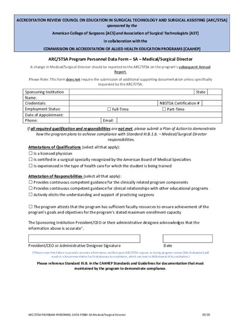 Fillable Online ARC STSA Program Personnel Data Form SA Medical