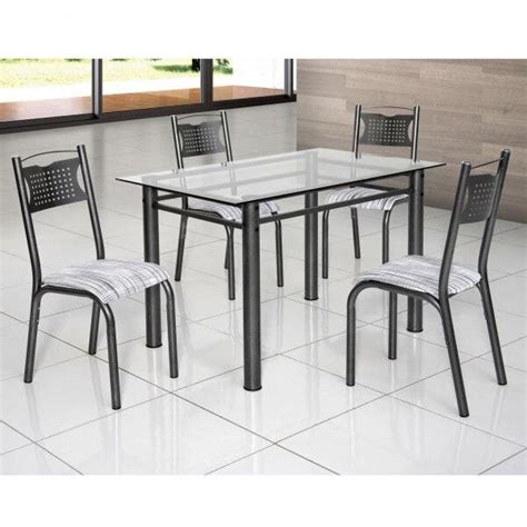 Conjunto de Mesa Tampo Vidro 4 Cadeiras Poeme Clássica Ciplafe