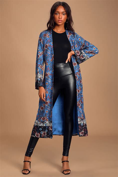 Luxe Satin Robe Royal Blue Floral Print Robe Boho Duster Lulus