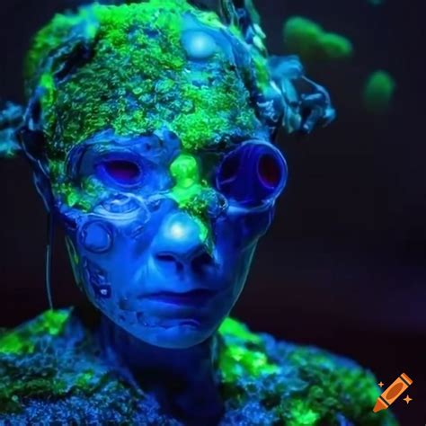 Biopunk Cyborg Covered In Glowing Moss In A Futuristic Laboratory On