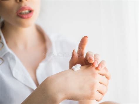 Closeup Of Female Hands Applying Hand Cream Stock Image Image Of