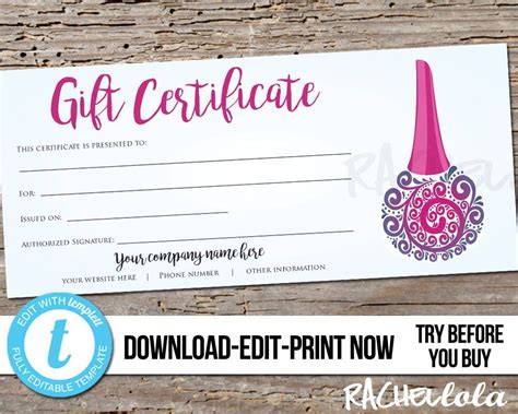 Nail Salon Gift Certificate Printable Template Digital Etsy Gift